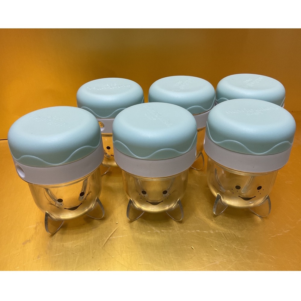 Nutribullet Baby Storage Cups Set of 6 Blue Date Dial Lids Smiley Face BPA Free